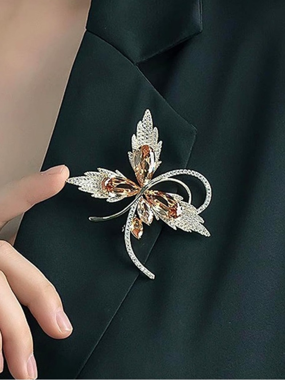 Anthropologie Gold Brooch with Champagne and Clear Crystals